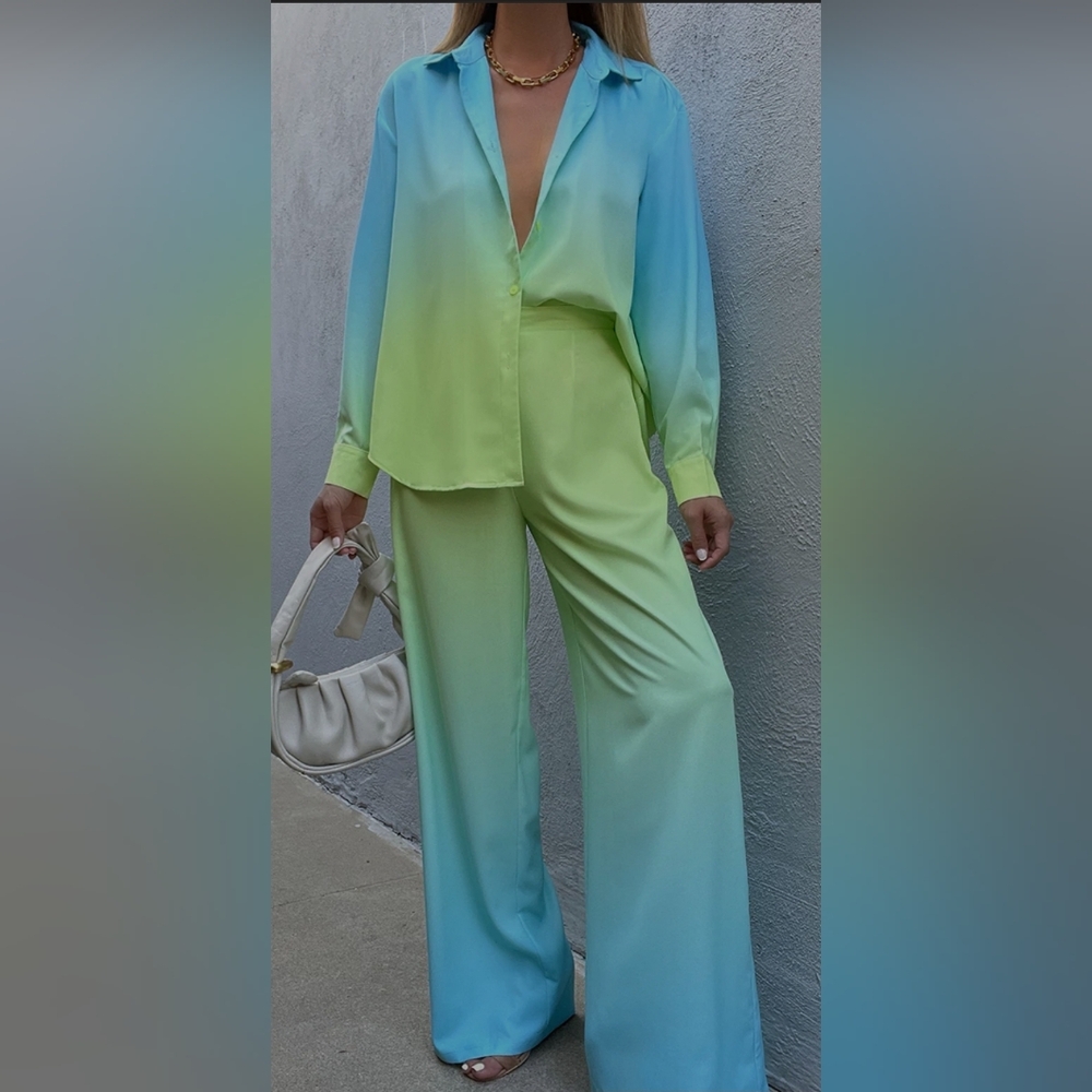NWT Runaway Suela Ombre Wide Leg Pants | Size XL | High Waist | Aqua Blue Lime